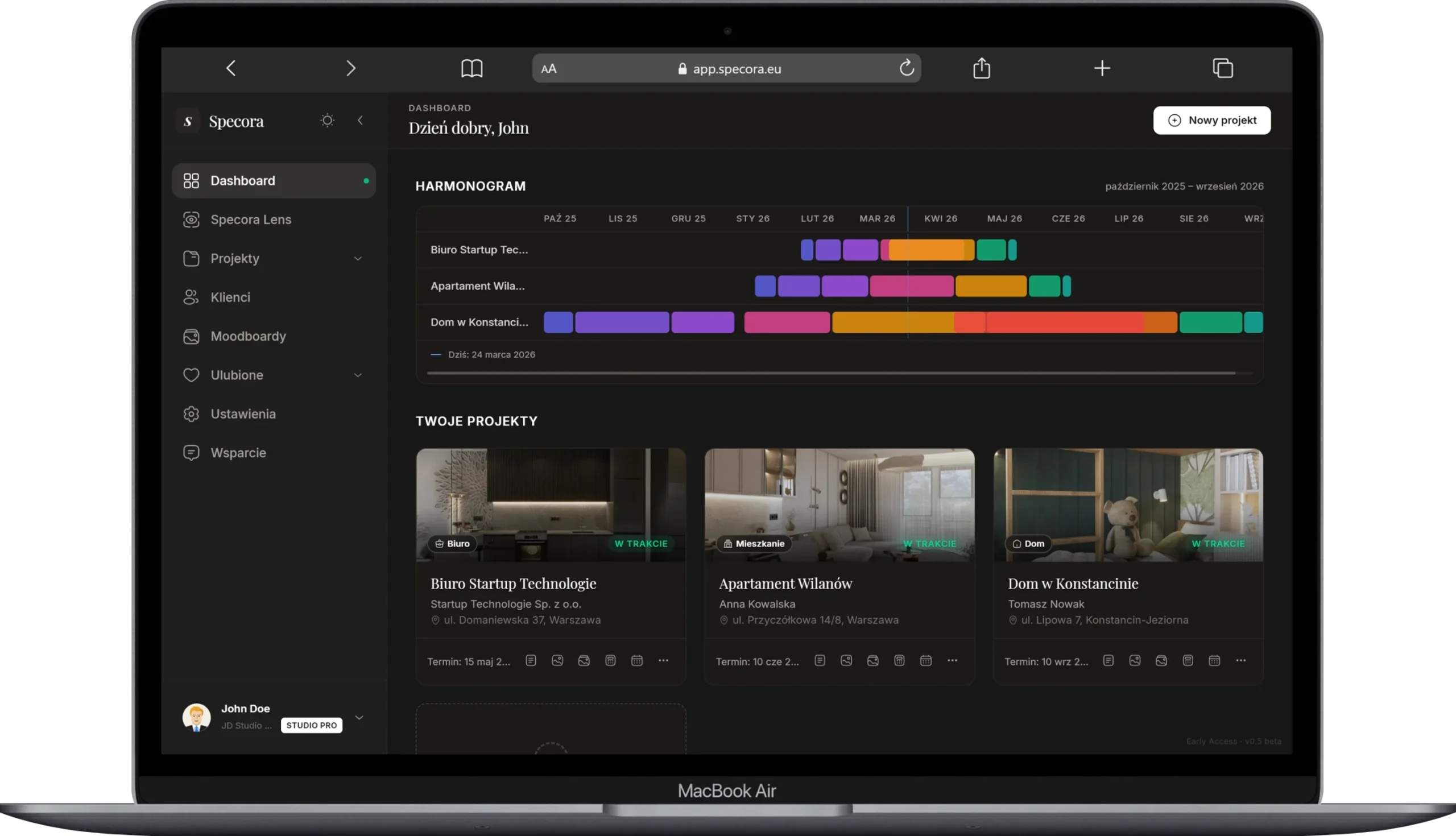 Dashboard aplikacji dla projektantów wnętrz – harmonogram projektu, lista realizacji i zarządzanie projektami w Specora
