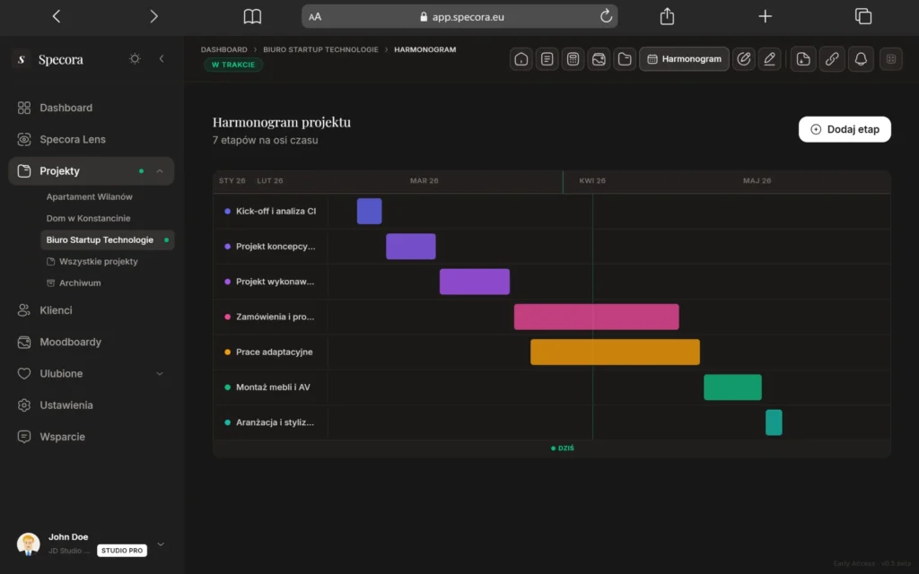 Harmonogram projektu wnętrz – zarządzanie timeline, etapami realizacji i terminami w programie dla projektantów wnętrz