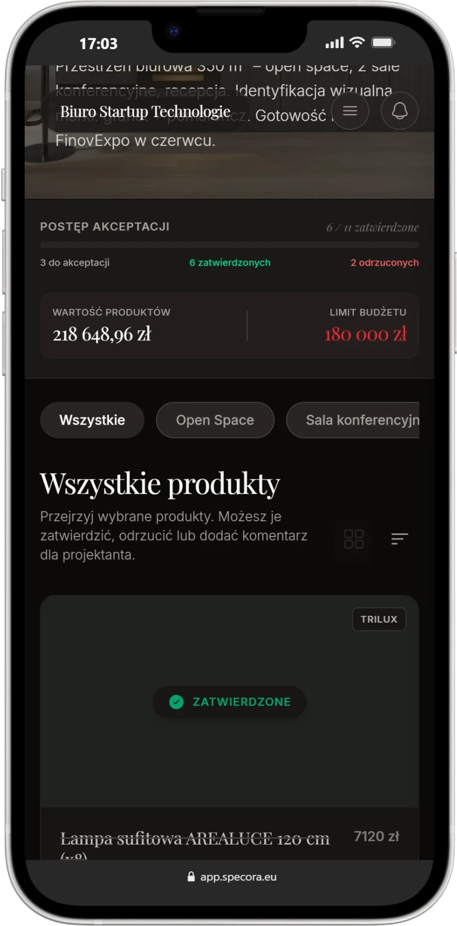 Panel klienta dla projektanta wnętrz – akceptacja produktów i kontrola budżetu na telefonie w aplikacji Specora