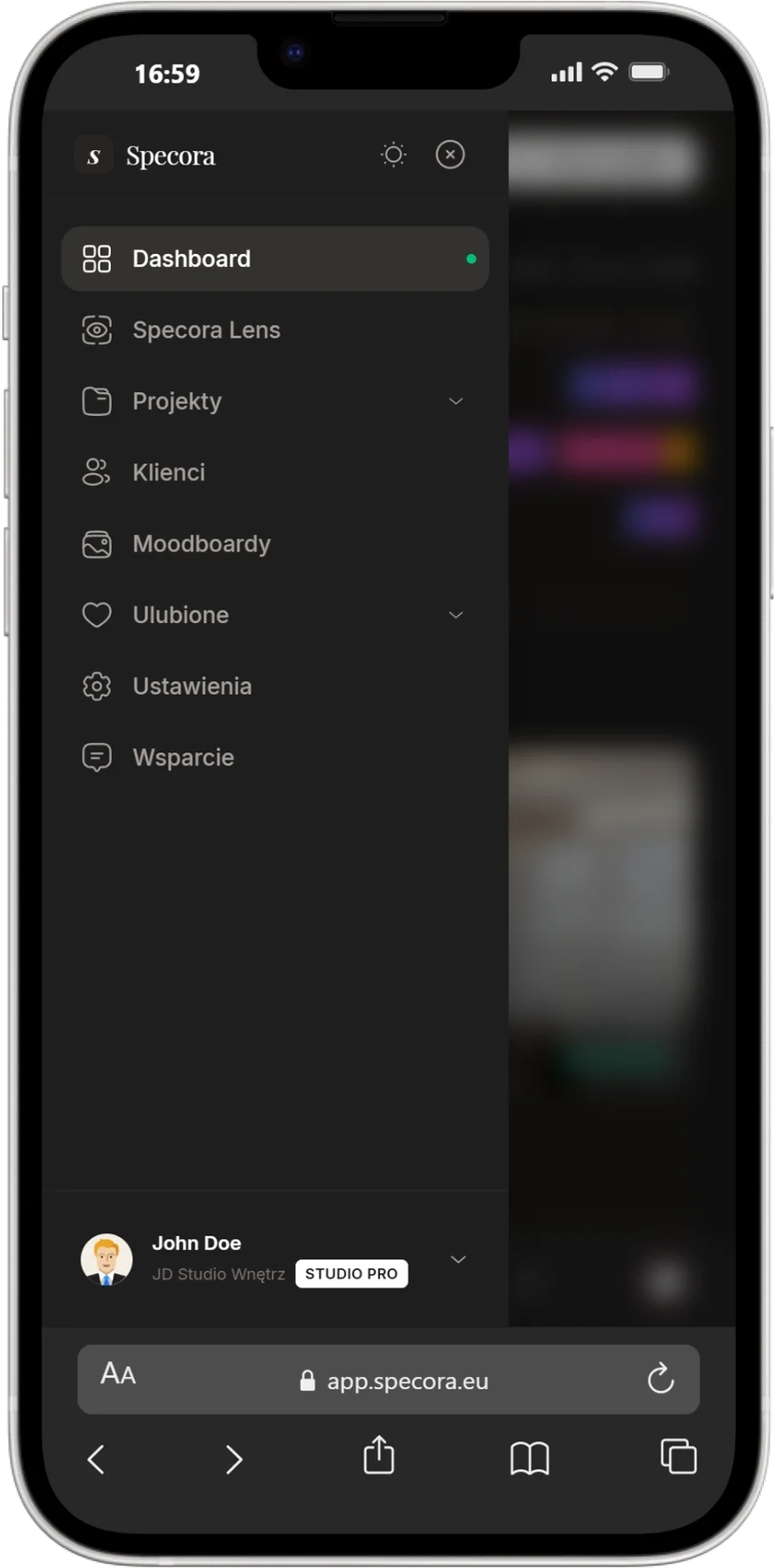 Program dla projektanta wnętrz – menu aplikacji z funkcjami: projekty, klienci, moodboardy i zarządzanie wnętrzami